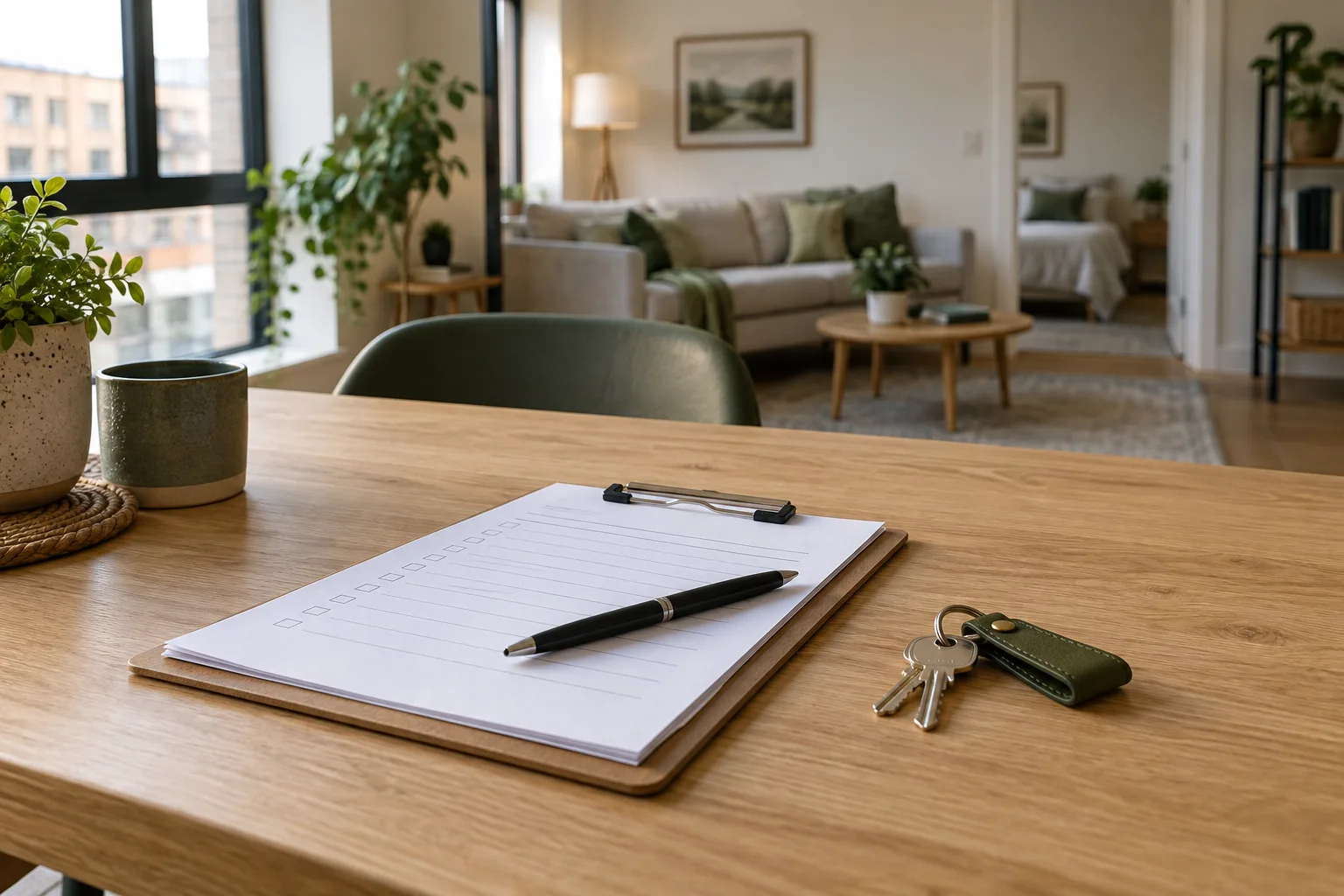 Keys and an inspection checklist in a rental apartment. Illustrative image.