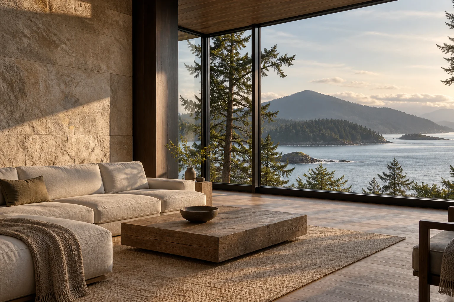 An airy living space overlooking the water. Architectural concept image.